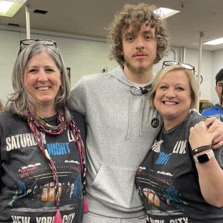 Jack Harlow visits with librarians at Atherton High School on April 27, 2023